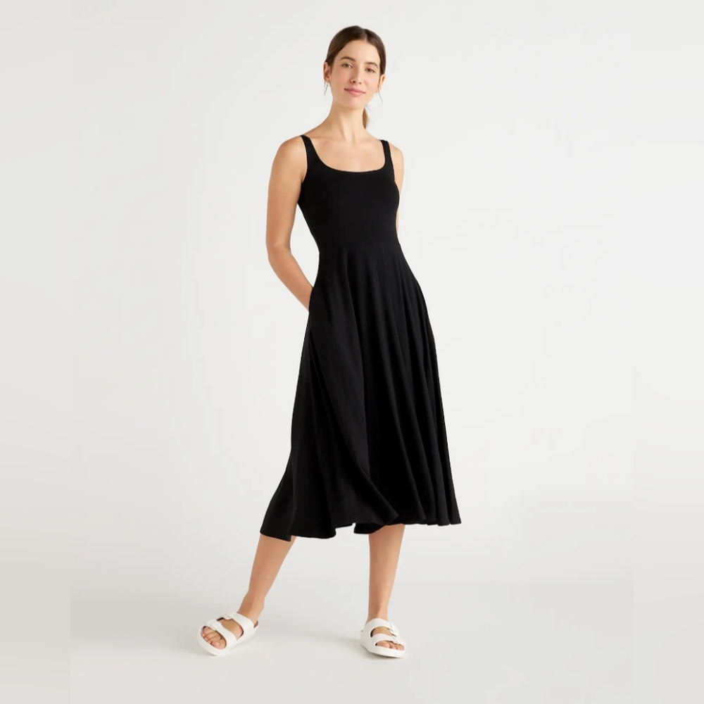 NWT Quince Sleeveless Scoop Neck Black Tencel Fit & Flare Dress Size XS Pockets